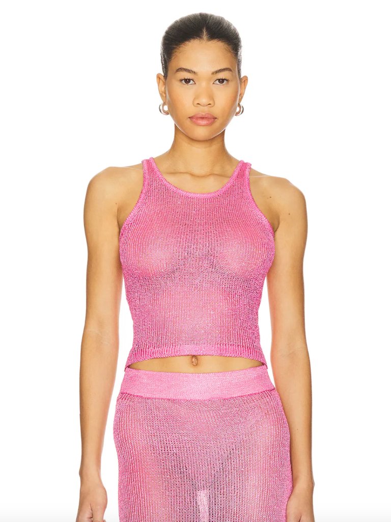 New Superdown Miranda Knit Tank Top Pink Sheer Mesh Crop Cami Camisole Small S